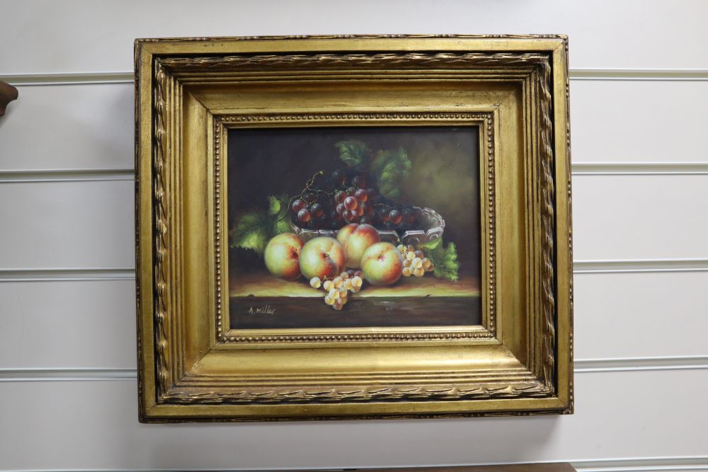 A. Miller, four oils on board, Still lifes of fruit, 19 x 24cm